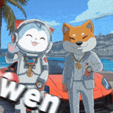 a cartoon of a cat and a dog standing in front of a car with the word wei on the bottom right