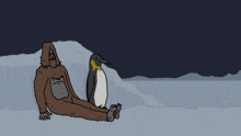 a cartoon drawing of a bigfoot and a penguin in the snow