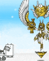 a cartoon drawing of a woman with wings and a cat with a face on it