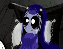 a cartoon of a girl with purple hair and black eyes