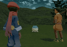 a man in a red hat is standing next to a man in a blue uniform