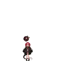 a pixel art of a girl standing in front of a red and black christmas ornament