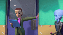 a woman is holding a clipboard while standing next to a blue alien