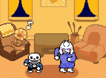 a pixel art drawing of a skeleton and a goat in a living room