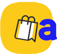 a yellow square with a blue a and a shopping bag on it