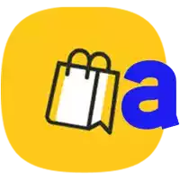 a yellow square with a blue a and a shopping bag on it