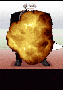 a pixel art drawing of a man holding a large flame shaped object