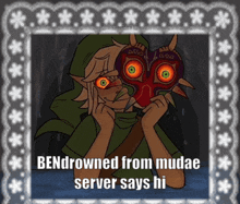 a cartoon of a man wearing a mask with the words bendrowned from mudae server says hi at the bottom