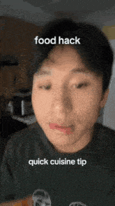 a man in a kitchen with a quick cuisine tip written on the bottom