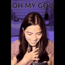 a woman wearing headphones looks at her phone with the words oh my god written above her