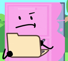 a cartoon character holding a folder with a smiley face