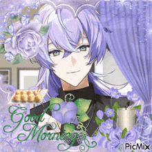a picture of a boy with purple hair and the words good morning on the bottom