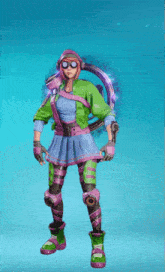 a woman in a pink and green outfit is standing with her arms in the air and giving the middle finger