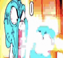a cartoon character from the amazing world of gumball is crying with a tear coming out of his eyes .