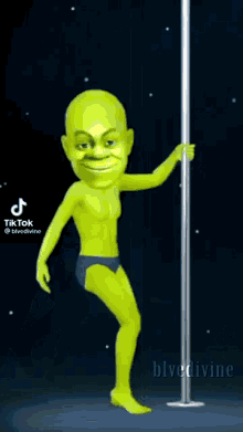 a cartoon character is dancing on a pole .