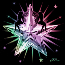 a rainbow colored star with a silhouette of two women sitting on it