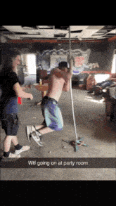 a man on a pole with the words wtf going on at party room