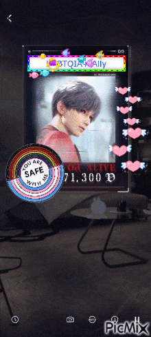 a picture of a man with a sticker that says ' ou are safe with me ' on it