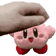 a person is petting a pink kirby stuffed animal on a white background .