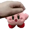 a person is petting a pink kirby stuffed animal on a white background .