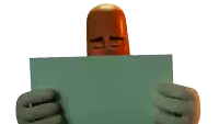 a cartoon hot dog holding a piece of paper