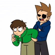 two cartoon characters are standing next to each other one is wearing a green hoodie