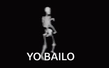 a skeleton is dancing in front of a black background with the words yo bailo written on it .