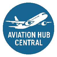 a logo for aviation hub central with an airplane in the center