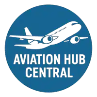 a logo for aviation hub central with an airplane in the center