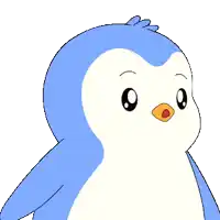 a blue and white penguin with a red beak