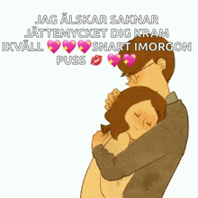 a cartoon of a man hugging a woman with hearts in his eyes