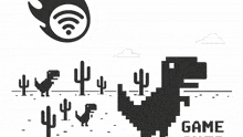 a black and white image of a game with a cactus and a fireball