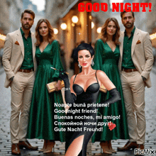 a woman in a black dress is standing in front of a man in a suit with the words good night in red letters