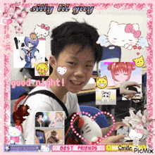 a picture of a boy with hello kitty stickers on it