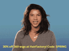 a woman is screaming with a blue background and the words 30 % off 360 wigs at hair factory
