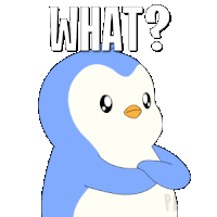 a blue and white penguin with the word what written above it