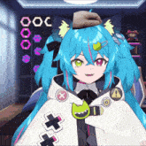 a blue haired anime character with a badge that says x on it