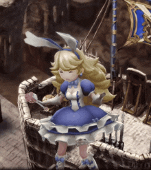 a girl in a blue dress with bunny ears is standing on a boat