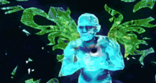 a statue of a man with green wings is surrounded by green leaves