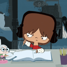 a cartoon character wearing headphones is writing in a book