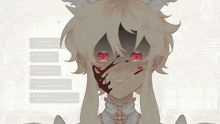 a drawing of a girl with blood on her face and red eyes