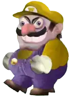 a cartoon character wearing purple pants and a yellow hat