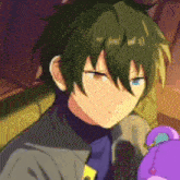 a close up of a person holding a purple teddy bear