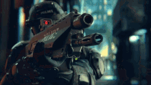 a police officer is holding a gun with the word police written on it