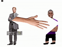 a man in a suit and tie with his arms crossed is being reached out by a giant hand