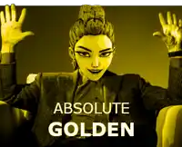 a woman in a suit is sitting in a chair with her hands in the air and the words absolute golden below her