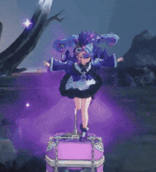 a girl with purple hair is standing on a purple box