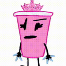 a pink cup with arms and legs is wearing a crown .