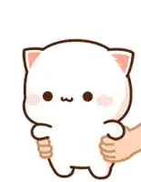 a cartoon cat is being held by a hand .