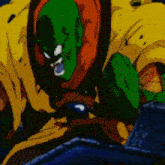 a cartoon character with a green face and a yellow outfit